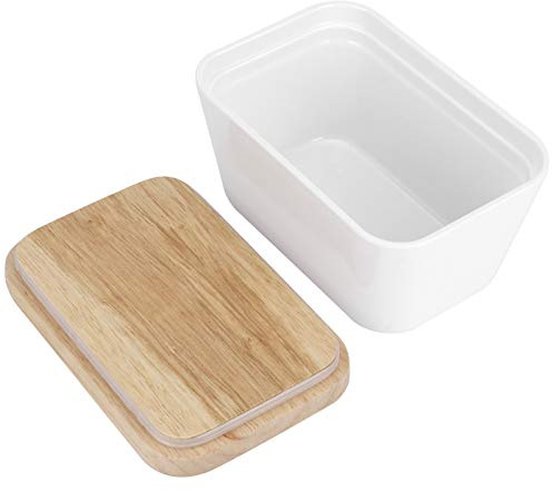 OVAQUIXI Mantequera con Tapa y Cuchillo Recipiente para Mantequilla de Melamina de 250 Ml con Tapa de Haya para 250 G de Mantequilla, Almacenamiento en el Frigorífico y Servicio de Desayuno para el