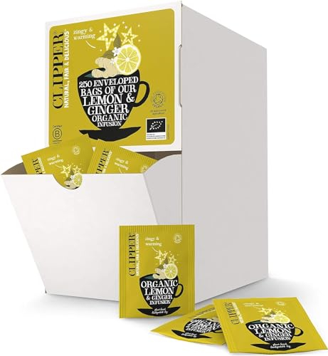 Clipper Organic Lemon & Ginger Tea Bags | 250 Individually Wrapped Teabags | Bulk Buy, Home & Catering | Caffeine-Free Herbal Tea Bags | Eco-Conscious, Natural, Unbleached & Biodegradable
