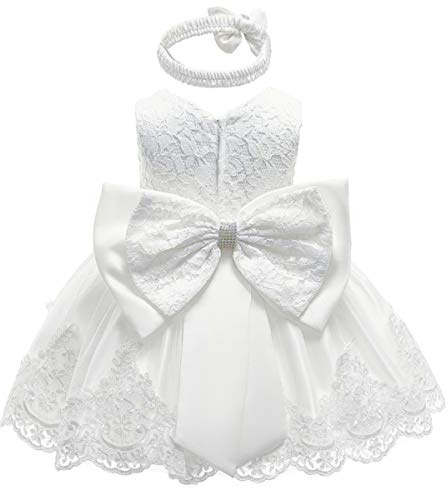 WOCINL Baby Girls Lace Bowknot Flower Dresses Princess Wedding Birthday Pageant Baptism Christening Tutu Gown w/Headwear White 3-6M