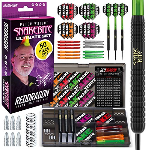 RED DRAGON Darts – Peter Wright Snakebite – Professionelles Dartset Ultimatives 50-teiliges Dart- und Zubehörset – 22 Gramm Dartset