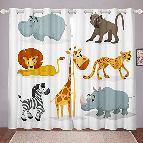 Vorhang Giraffenlöwe Blickdicht Gardinen mit Ösen 3D Druck Nilpferd Zebra Blickdichte Vorhänge Wärmeisolierend Kind Vorhang verdunkelung Wohnzimmer Schlafzimmer 2 Stück 117x138 cm (BxH)