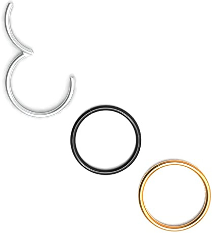 Body CAC 3 piezas-0.8mm×7mm 316L Acero quirúrgico Bisagras Nariz Anillos Aro Piercing Labio Hélice Cartílago Rook Pendientes, tono dorado/plateado/negro