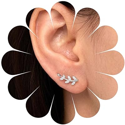 Yheakne Vintage Strass Blatt Ohrclimber - Silber Kristall Ohrringe Mit Funkeln CZ - Niedlich Botanischen Pflanze Schmuck Für Frauen Und Mädchen