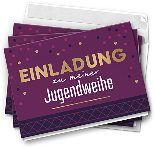 10 Jugendweihe Einladungskarten Mädchen - Motiv Lila Modern Gold-Look - moderne Einladungen Klappkarten mit Umschlägen