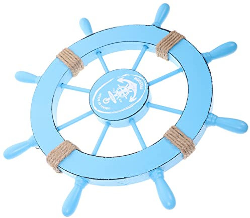 Garneck Schiffsrad Schiffsglocke Deko Bootsruder Wanddekoration Seemannsruder Im Mediterranen Stil Fischernetz Muschelverzierung (Hellblau) Wanddeko Schiffsglocke Kinder Schiff Lenkrad