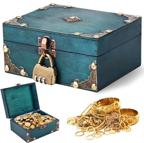 HOMURY Vintage Holz Schatztruhe, Schatztruhe mit Zahlenschloss, Holztruhe Piratenschatztruhe, Schatztruhe Kindergeburtstag, Schatztruhe für Aufbewahren und Dekorieren Geschenke (15x12x7.2cm, Grün)