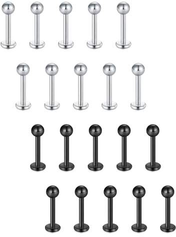 FECTAS 20stk Labret Lippenpiercing Ring Tragus Helix Piercing 8mm Chirurgenstahl Piercing Lippe Medusa Steckers Silber Schwarz