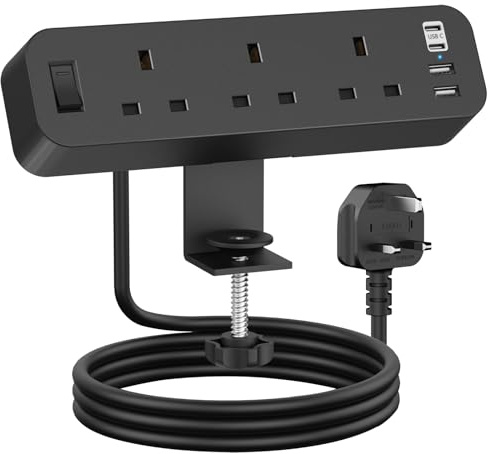 Desk Power Socket with USB C, ANVODE 3 Way Desktop Power Socket Extension with 4 USB (2 Type C), Desk Extension Lead 2M with Switch for Home Office (Black)