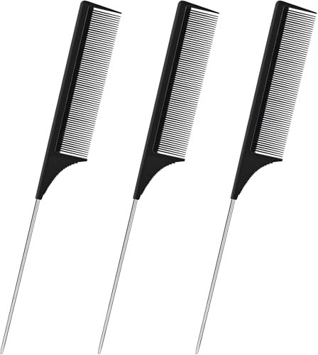 3PCS Hair Rat Tail Combs Set, Parting Rattail, Teasing Fine Tooth Comb, Metal Hair Pick Detangling, Heat Resistant Carbon Fiber Teasing Comb, and Stainless Steel Pintail(Black)