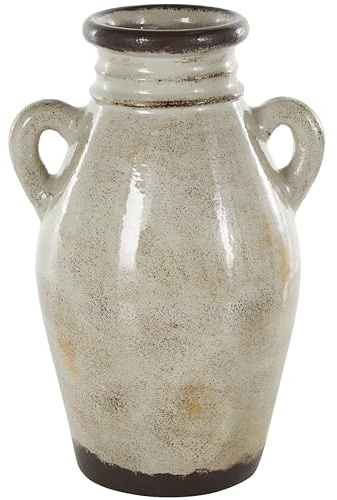 Deco 79 Ceramic Decorative Vase Antique Amphora Centerpiece Vase with Speckled Texturing and Yellow and Brown Accents, Flower Vase for Home Decoration 10 x 8 x 14, Cream