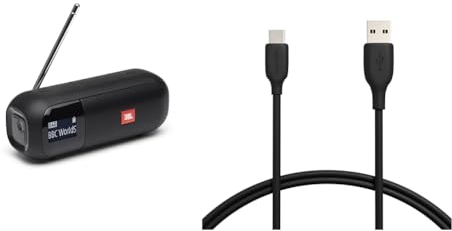JBL Tuner 2 Radiorekorder in Schwarz – Tragbarer Bluetooth Lautsprecher mit MP3 & Amazon Basics Schnellladekabel, USB-C auf USB-A-2.0, 480 MBit/s, USB-IF-Zertifiziert