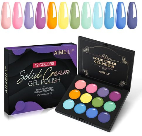 AIMEILI Solid Gel Nagellack 12 Färger Palett Set - UV-Lampa Doppad Kräm Gel Set 19
