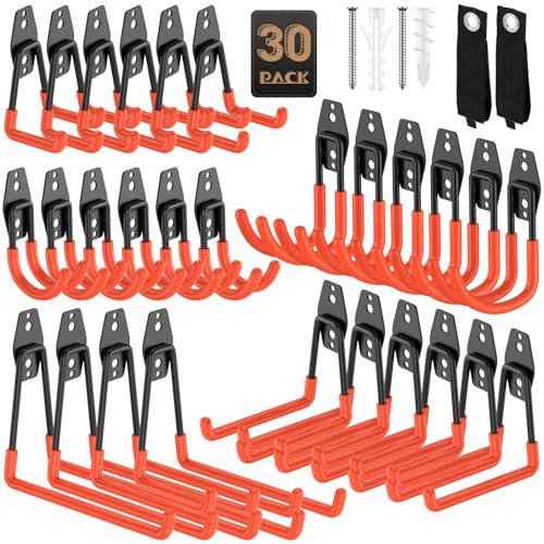YouthZeal 30 Pack Garage Hooks, Heavy Duty Steel Wall Mount Utility Hangers with Anti-Slip Coating for Hanging Bikes, Ladders, Power Tools, and Garden Equipment