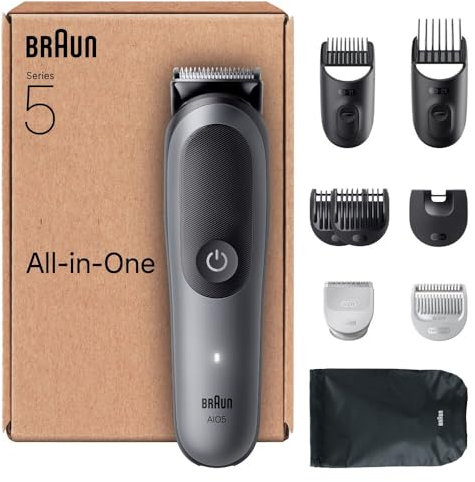 Braun All-in-One Trimmer-Set 5, 9-in-1 Multigroom, Barttrimmer, Haarschneider, Haarschneidemaschine für Gesicht, Kopf und Körper, 120 Min Akku, 14 Längen (3–21 mm), Wasserdicht, AIO5545, Grau