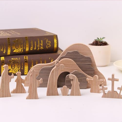 RXMORI 12-teiliges Ostern-Auferstehungs-Szenen-Set, Szene aus Holz, Abgestuftes Tablett-, Leeres Grabkreuz, Auferstehung Jesu-Szene, Dekorationen für Religiöse