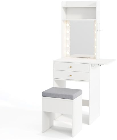 Multigot Dressing Table and Stool Set with 3-Color LED Lights Mirror(White) | Small Ladder Vanity Desk with Charging Station, 2 Drawers, Storage Shelves and Hooks, Drop-Leaf Makeup Cosmetics Table Set