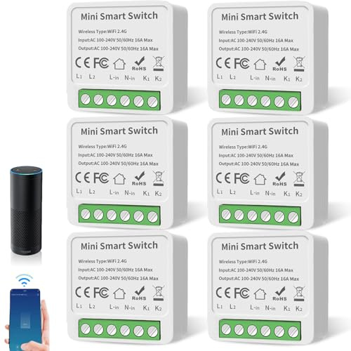Behogan Lot de 6 modules de commutateur intelligent 1 voie, mini module de relais d'interrupteur DIY, interrupteur Smart Life, compatible avec Google Assistant et Alexa conducteur neutre requis