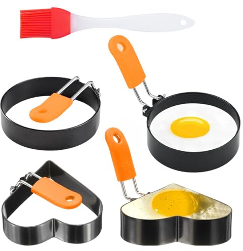 Egg Rings for Frying with Oil Brush, 4 Pcs Stainless Steel Non Stick Egg Moulds with Anti-Scald Folding Handle, Pancake Ring Moulds for Eggs Frying, Shaping, Pancakes, Mini Burger