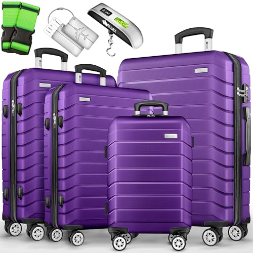 tillvex® Kofferset 4-teilig + Gepäckwaage, 2X Koffergurte & 4X Anhänger | Hartschale Reisekoffer Set 4x 360° Rollen | Trolley Gepäck Koffer mit TSA Schloss | Rollkoffer Hartschalenkofferset S-M-L-XL