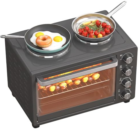 HOMCOM Minibackofen 28 L 2600W mit 2 Kochplatten 60 Min. Timer Schwarz | 100-230℃, Pizzaofen, Grillrost, Backblech, Tablettgriff, Krümelblech