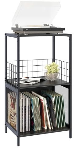 Huhote 3-Tier Vinyl Record Storage, Side Table, Record Player Stand with Storage for Up to 100 Albums, Turntable Cabinet for Living Room, Bedroom & Music Room (Black)