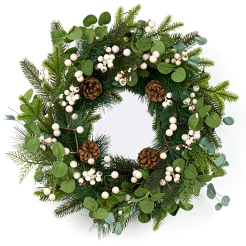 20 Inches Vintage Christmas Wreath Classic Winter Wreaths for Front Door Rustic Holiday Winter Wreath with White Berry Pine Cones for Doors Windows Indoors Outside Hanging Decoration