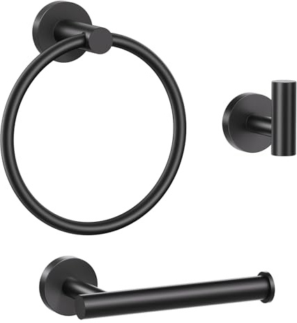 YACVCL 3 PCS Bathroom Hardware Set Towel Ring Hook Toilet Roll Matte Black | Bathroom Accessories Set Wall Mounted Towel Rail Toilet Paper Holder Towel Hooks for Bathroom or Kitchen 304 Stainless Steel