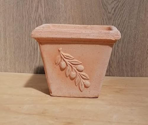 Italienischer winterfester Blumentopf mit Olivenranke echt Terrakotta 18 cm quadr, Blumenkübel für Garten und Wohnung Terracotta Mediterran