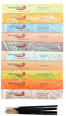 Auroshikha - 100 rökelsepinnar - set med 10 burkar: Patchouli, salvia, nag champagne, jasmin, lavendel, myrra, oliban, ros, sandelträ (10 dofter - set 1)
