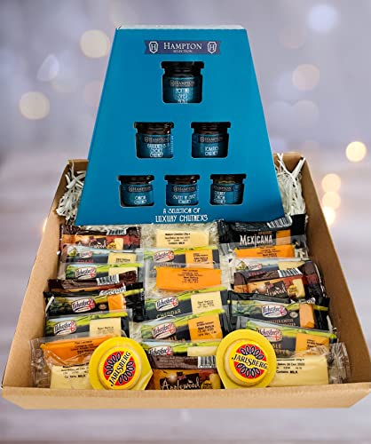 Selection of 4 Different Cheese Board Varieties & 6 Hampton's Chutneys. 20 Ilchester Cheese Individually Wrapped Portions. Hamper Gifts for Couples, Birthday Gifts for Women, Mens Gifts