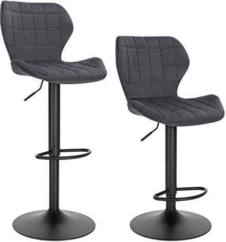 WOLTU Barhocker 2er Set höhenverstellbarer Hocker 60-82 cm 360° Drehstuhl mit Rückenlehne Fußstütze Barstuhl aus Samt Metall Stehhocker Dunkelgrau BH324dgr-2