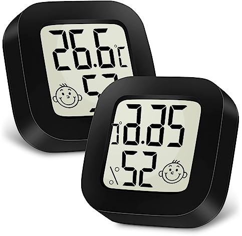 Ainiv 2 st digital hygrometertermometer för inomhusbruk, minirumstermometer med LCD-skärm och ansiktsikoner, mätare med indikator för temperatur och fuktighet för sovrum, babyrum, lager, källare, bil