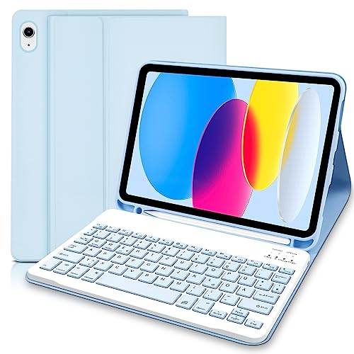 für iPad 10. Generation Hülle mit Tastatur (10,9, 2022), hülle mit Tastatur für ipad 10,9 Zoll, QWERTZ Layout Abnehmbare kabellose Bluetooth Tastaturhülle-Blau