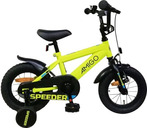 AMIGO Speeder - Kinderfahrrad - 12 Zoll - mit Handbremse, Rücktritt, Lenkerpolster und Stützräder - ab 3-4 Jahr - Gelb/Schwarz