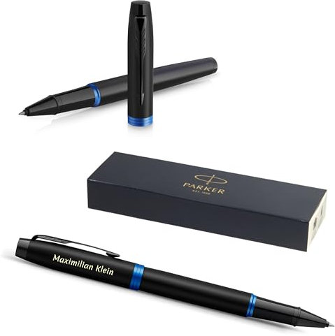 PARKER IM Professionals Vibrant Rings Tintenroller mit Gravur | Premium Stift | Geschenkbox | schwarze Mine | personalisiertes Geschenk | Namen | Geburtstag (Blue PVD)