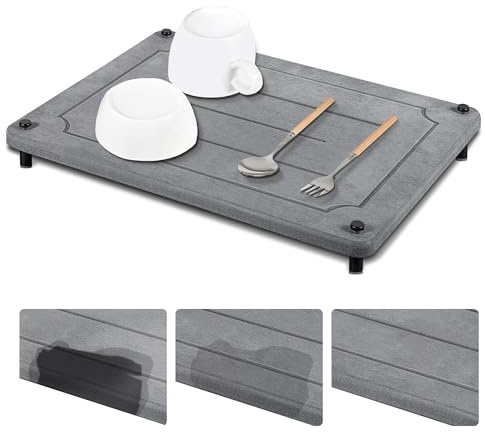 Tapis de séchage rapide en pierre pour comptoir de cuisine, 30,5 x 40,6 cm, antidérapant, super absorbant, terre de diatomée, tapis de séchage avec pieds en acier inoxydable (gris)