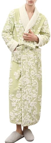 MODSGUE Men's Dressing Gown Floral Print Bathrobe with Tie and Pockets Winter Warm Bathrobe Cuddly Nightwear Floor Length Pyjamas Long Sleeve House Coat, Green, M