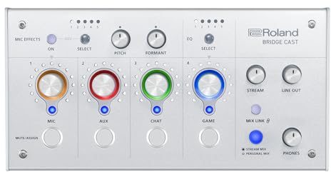 Roland BRIDGE CAST Dual Bus Gaming Mixer in Ice White | Pro Audio Streaming Interface and Mixer for Online Gamers | 32-Bit Hardware DSP | USB-C Windows and Mac Connectivity | XLR Input for Microphones