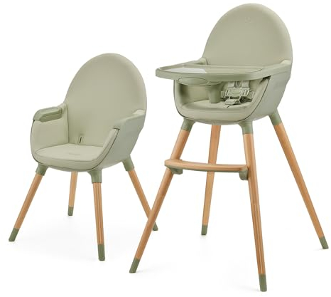 Kinderkraft Hochstuhl FINI2 2 in 1, Kinderhochstuhl, Babystuhl, Kombihochstuhl, Beine aus Holz, Sicherheitsgurte, Fußstütze, Doppeltablett, ab 6 Monate bis 5 Jahre, 5 Punkt Gurte, Grün