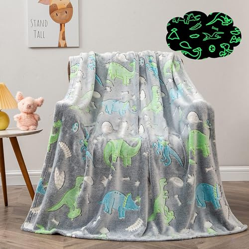 LXTOPN Kuscheldecke Kinder, Dinosaurier Decke Leuchtet im Dunkeln, Dinosaurier Decke, Flanell Wohndecke für Jungen und Mädchen(Grauer, 150×200cm)