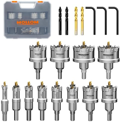 Mollom TCT 12Pcs Hole Saw(13-54mm) Carbide Hole Saw Kit for Hard Metal, Extra 2xTitanium & 2xStepped Pilot Drill bits and 3Pcs Hex Key for Stainless Steel,Iron,Aluminum,Alloy,Metal,Wood