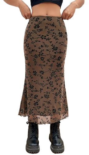 Verdusa Women's High Waisted Mesh Skirt Y2k Outfits Fishtail Bodycon Long Skirts Goth Clothes Brown Floral Medium