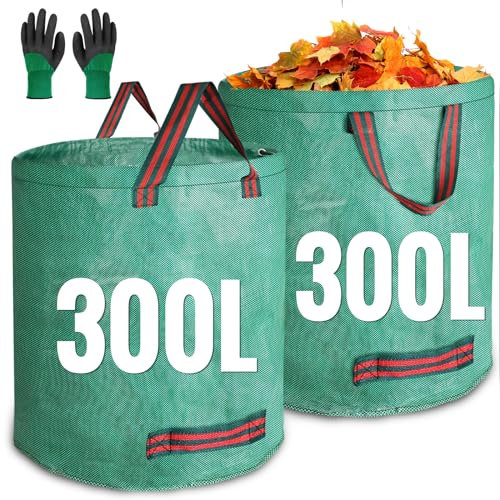 JARDILIFE Gartenabfallsäcke, strapazierfähig, 300 Stück, 300 l, 2 Stück, wiederverwendbare Säcke mit 1 Paar Gartenarbeitshandschuhen, Werkzeugbeutel für Gartenabfälle, Pflanzenabfälle, Grasblätter