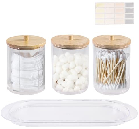 PEAKTOP 3 Stück Wattepads Aufbewahrung Acryl, Transparente Wattestäbchen Behälter Mit Bambusdeckel, Wattestäbchen Halter Mit Paletten Für Wattepads Wattestäbchen Zahnseide Badezimmer Schlafzimmer