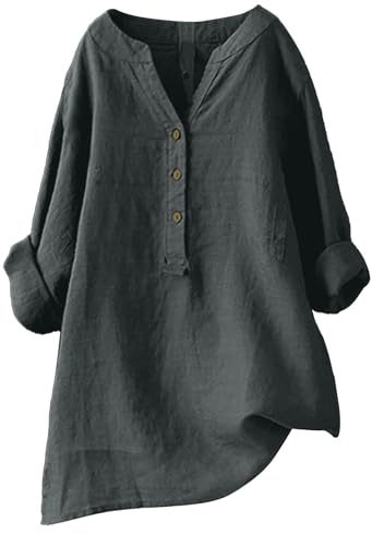 Lange Damen Leinen Tunika Bluse - Sommer Top Mit Knöpfen, Langarm T-Shirt, Große Größen, Elegant Casual Vintage Oversized, Grau, XXL