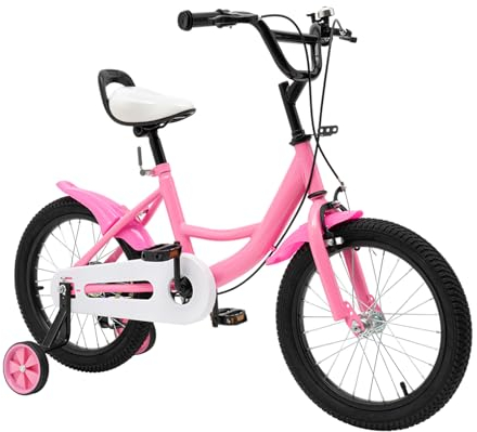 ARBGO Vélo enfant 16 pouces avec roues stabilisatrices, frein à rétropédalage, siège réglable pour fille de 5 à 8 ans, rose