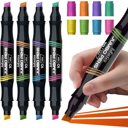 joibabe JUMBO marker pens, Marker stifte, Filzstifte Twin-Markers- 4 Stück/8 Farben - Dicke spitze Keilspitze 3-10 mm - Für Malerei, Graffiti, Markieren - Geeignet für Karton, Plastik, Holz, Glas
