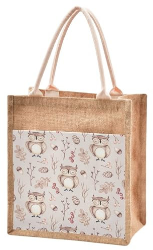 Mnsruu Jute-Tragetasche, handgezeichnete Eule, wiederverwendbar, Einkaufstasche, Strandtasche für Damen, Mädchen, Brautjungfer, Hochzeit, Schule, 25 x 25 x 18 cm, C557, Small
