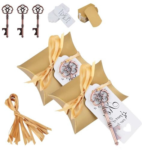 50pccs Vintage Skeleton Key Bottle Openers Candy Box with Gift Tag Wedding Favor Souvenir Gift Set Pillow Candy Box Escort Thank You Tag French Ribbon for Guests