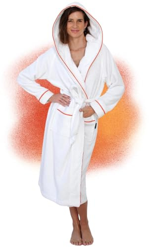 ELEVAVIDA Peignoir de Bain Femme en coton douillet 400 g/m2 avec Capuche - blanc - robe de chambre femme extra doux et confortable - taille L - peignoir de bain sauna en éponge - certifié OEKO-TEX